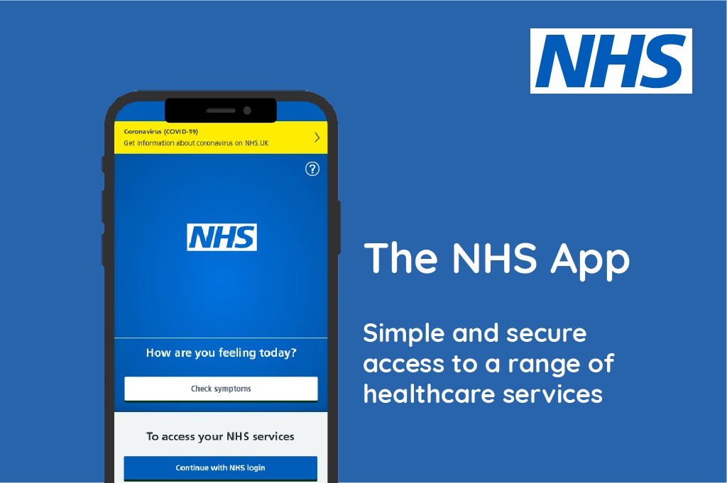 NHS app on mobile phone screen with text The NHS app, simple and secure access to a range of healthcare services